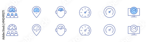 Speedometer icon set in two styles, Duotone and Thin Line style. Editable stroke. meter, speedometer, pressure, overload