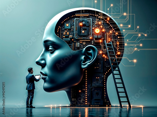 ilustracion de una super computadora con aspeco de cabeza humana, con inteligencia artificial recibiendo instrucciones de una persona, 