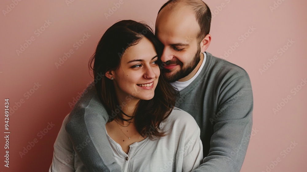 Ultra-clear photograph of a husband and wife couple sitting close together on a solid color background Ultra-clear photograph of a husband and wife couple sitting close together on a solid color background