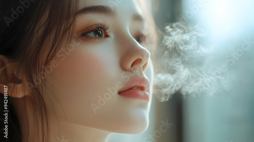 Close up of woman's face with smoke in the air. photo