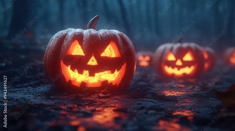 Illuminated Jack O Lantern in Spooky Forest Illuminated Jack O Lantern in Spooky Forest