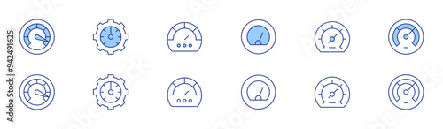 Speedometer icon set in two styles, Duotone and Thin Line style. Editable stroke. speedtest, dashboard, speedometer