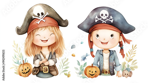 Adorable Pirate Kids with Pumpkins - Perfect for Halloween!