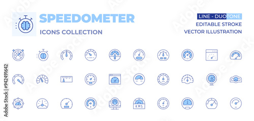 Speedometer icons collection. Line Duotone style, editable stroke. performance, speedometer, lowenergy, racetrack, speedtest, power, gauge, bandwidth, productivity