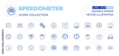 Speedometer icons collection. Line Duotone style, editable stroke. speed, dashboard, meter, speedometer, speedometers, barometer, meters, web, slow, metrics, coding, quick thinker