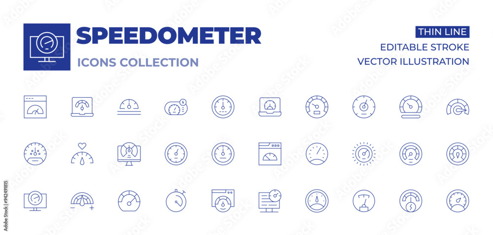 Speedometer icons collection. Thin Line icons, editable stroke. speedometer, overload, internet, fuel, dashboard, gauge, control, performance, speedtest, speed