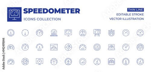 Speedometer icons collection. Thin Line icons, editable stroke. speedometer, speedtest, speed, website, performance, processing, benchmarking, laptop