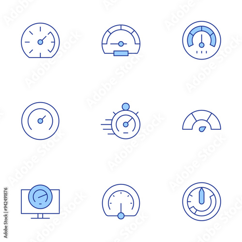 Speedometer icons set. Line Duotone style, editable stroke. gas, speedometer, measure, overload, airspeed indicator, performance