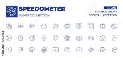 Speedometer icons collection. Thin Line icons, editable stroke. speedometer, speed, lowenergy, performance, racetrack, milometer, productivity, optimization, airspeed indicator, attitude photo