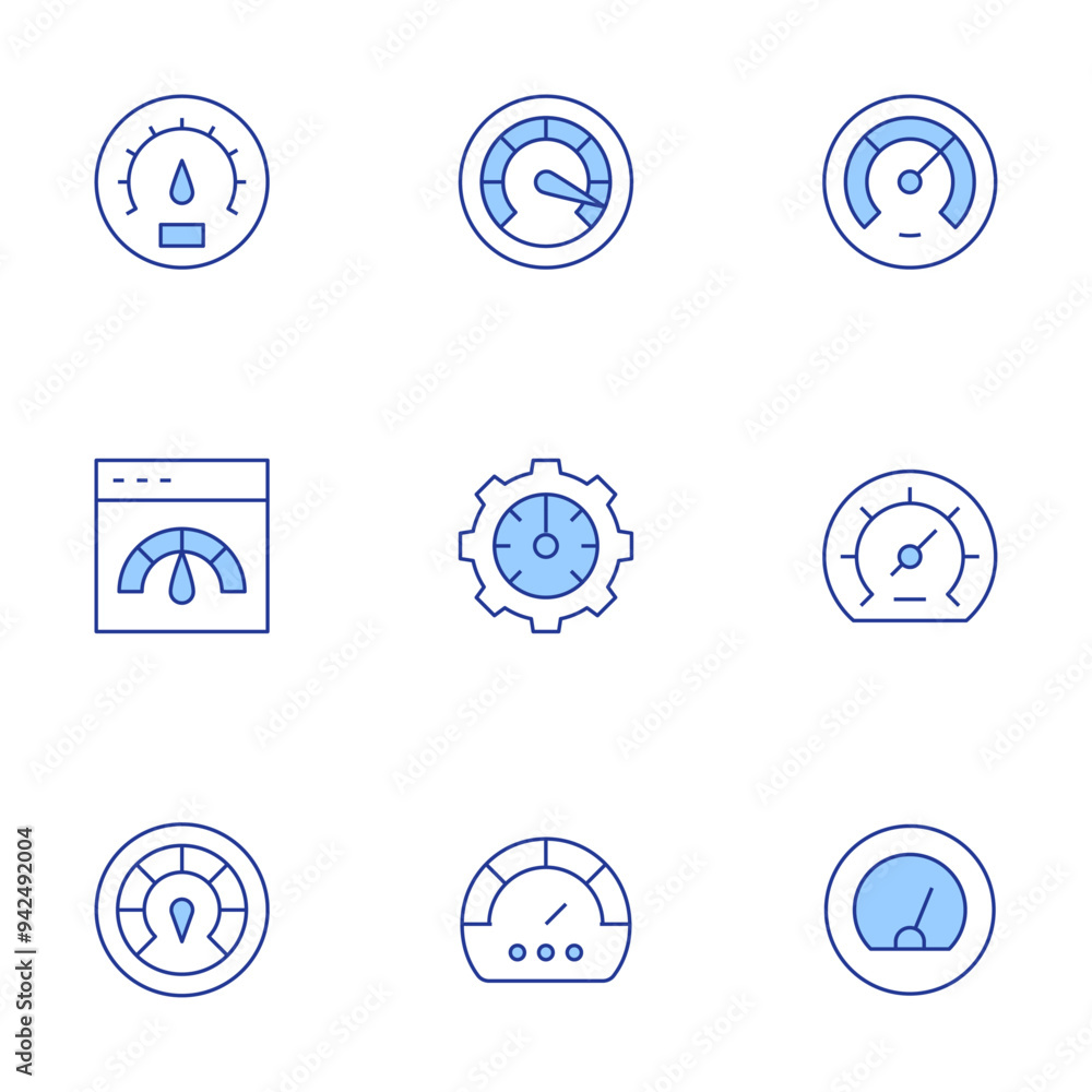 Speedometer icons set. Line Duotone style, editable stroke. speedometer, dashboard, speedtest, gauge Speedometer icons set. Line Duotone style, editable stroke. speedometer, dashboard, speedtest, gauge