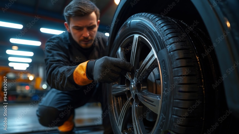 Mechanic Checking Tire. Mechanic Checking Tire.