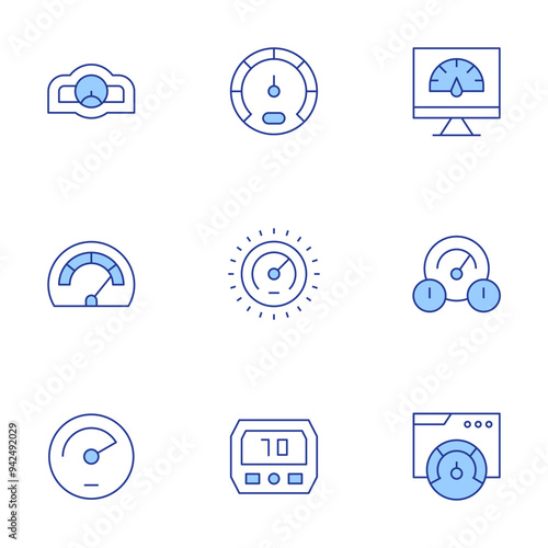 Speedometer icons set. Line Duotone style, editable stroke. speedometer, efficiency, speedtest, dashboard, speed