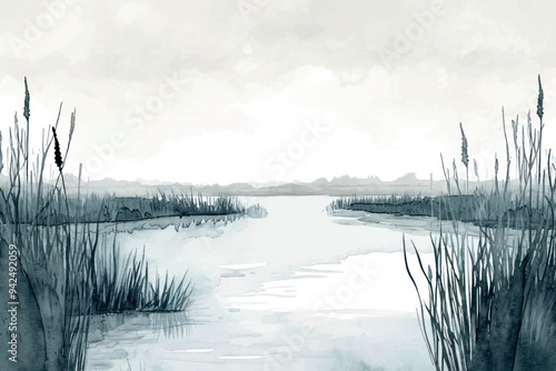 Serene monochrome marsh landscape