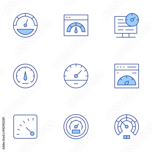 Speedometer icons set. Line Duotone style, editable stroke. speedometer, website, speedtest, measuring, performance