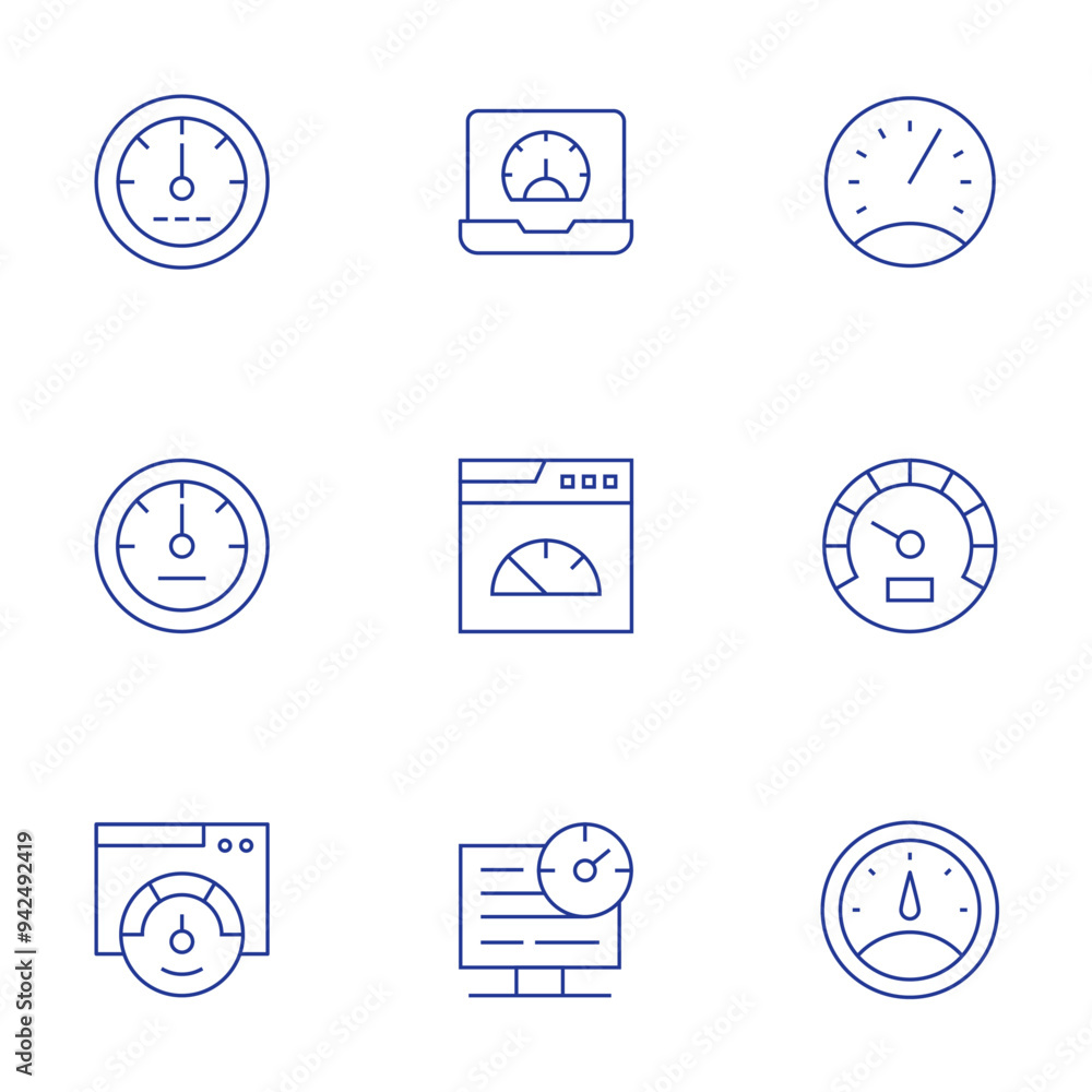 Speedometer icons set. Thin Line style, editable stroke. speedometer, internet, dashboard, speedtest Speedometer icons set. Thin Line style, editable stroke. speedometer, internet, dashboard, speedtest