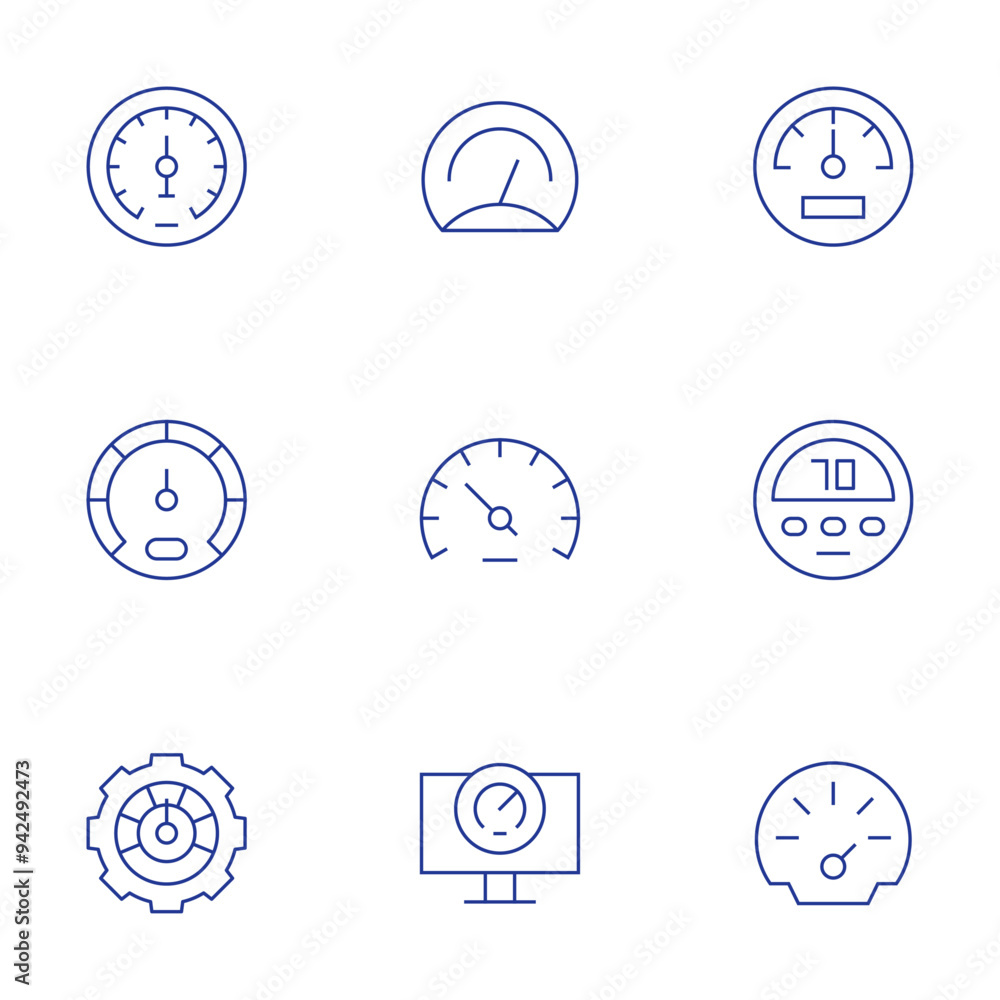 Speedometer icons set. Thin Line style, editable stroke. speedometer, meter, efficiency, risk Speedometer icons set. Thin Line style, editable stroke. speedometer, meter, efficiency, risk