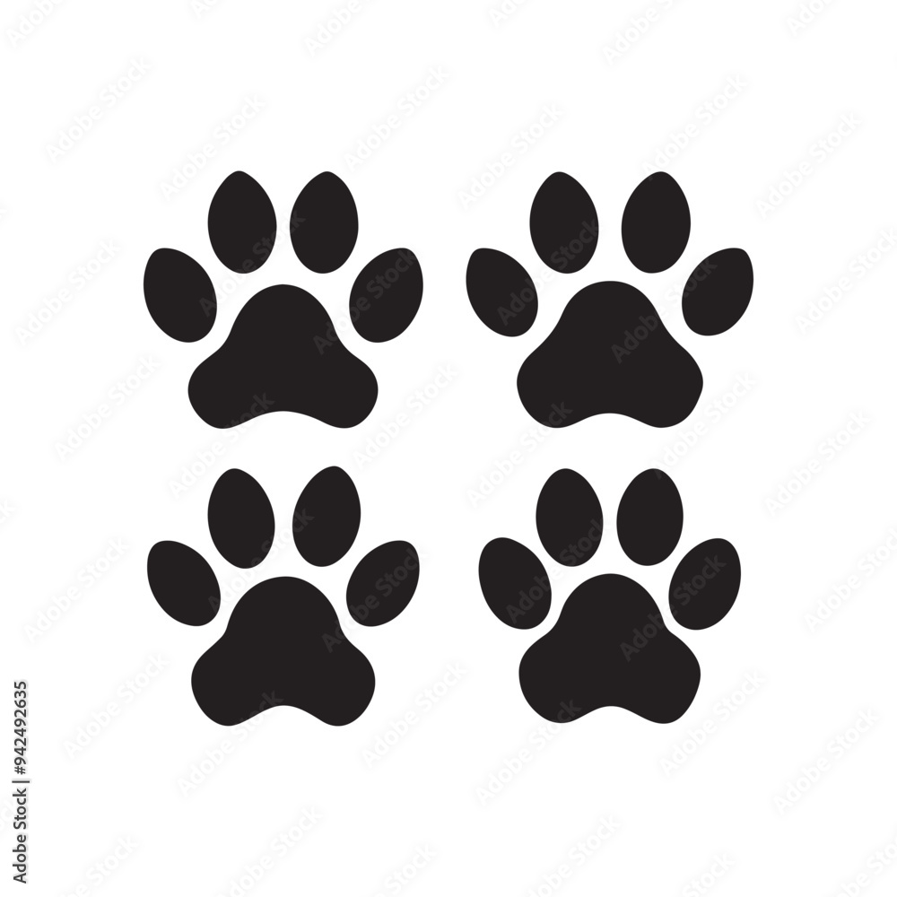 Fototapeta premium Dog and cat paw prints collection. Logo. paw silhouette icon set black vector. Isolated vector Illustration. Black on White background.