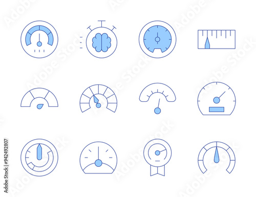 Speedometer icons. Line Duotone style, editable stroke. speedometer, measure, airspeed indicator, performance