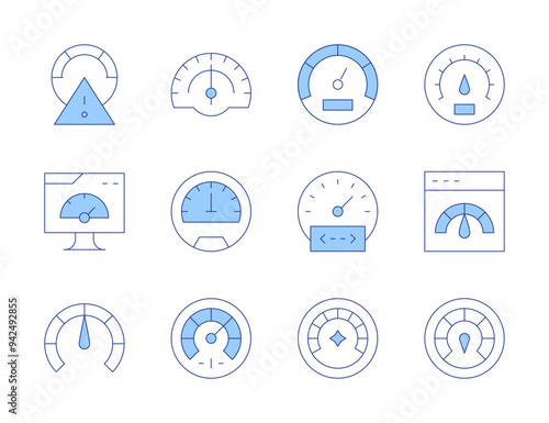 Speedometer icons. Line Duotone style, editable stroke. speedometer, speed limit, speedtest, dashboard, gauge, barometer, coding