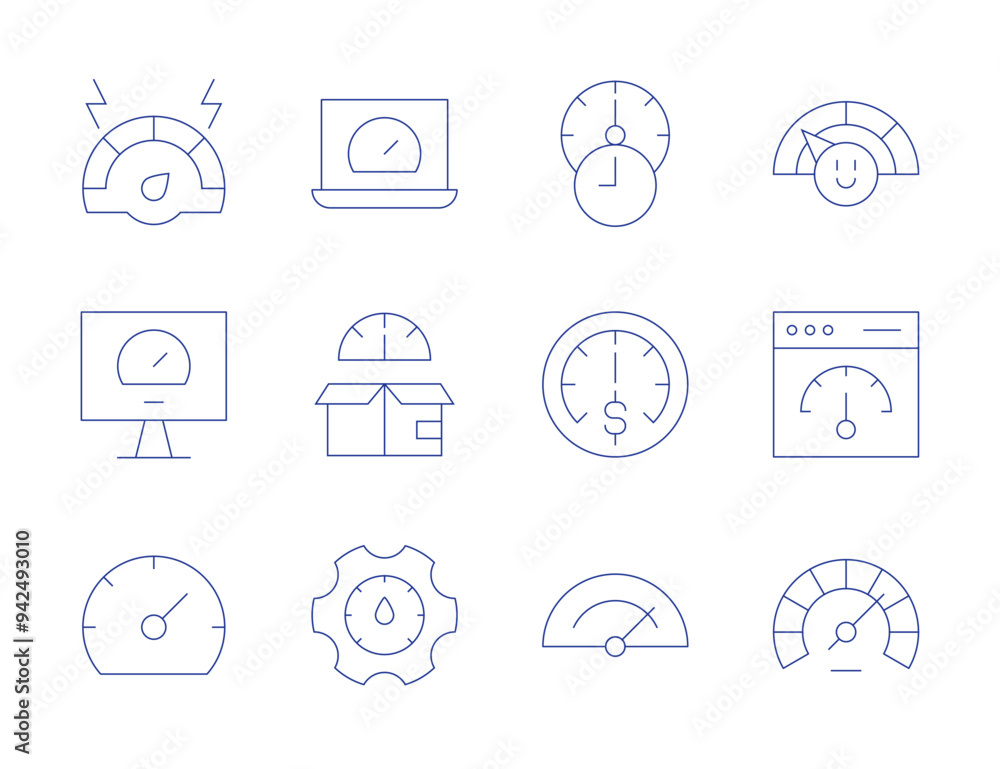 Speedometer icons. Thin Line style, editable stroke. speedometer, benchmarking, speed, performance, optimization, attitude Speedometer icons. Thin Line style, editable stroke. speedometer, benchmarking, speed, performance, optimization, attitude
