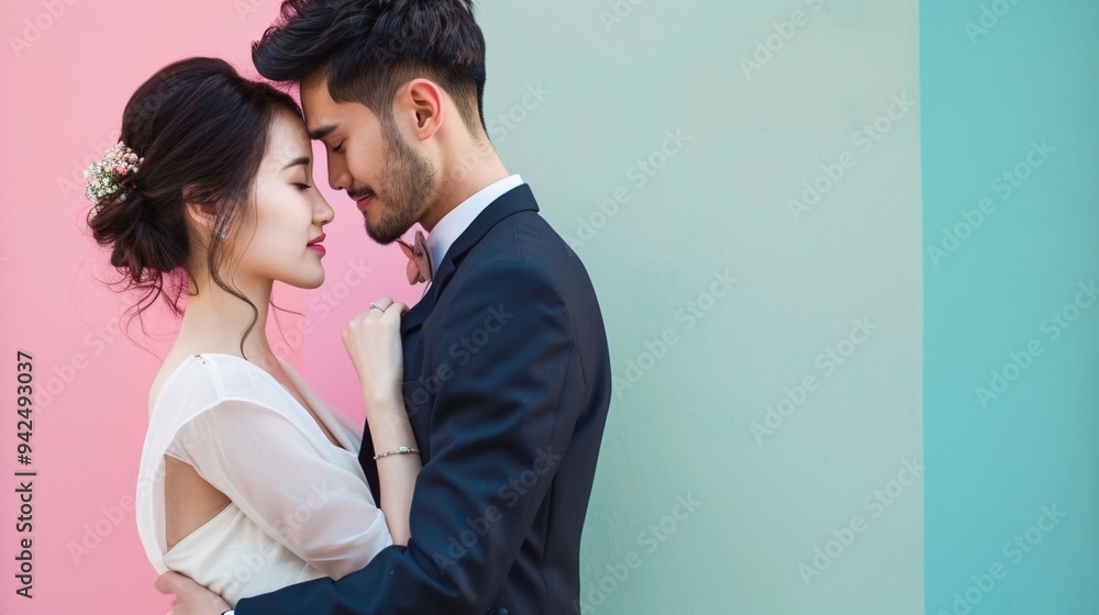 Ultra-clear photograph of a husband and wife couple holding each other close against a solid color backdrop Ultra-clear photograph of a husband and wife couple holding each other close against a solid color backdrop