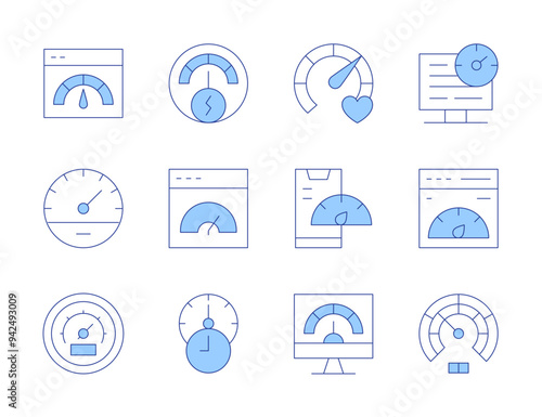 Speedometer icons. Line Duotone style, editable stroke. speedometer, website, speedtest, measuring, performance, mobile, physical well being, speed