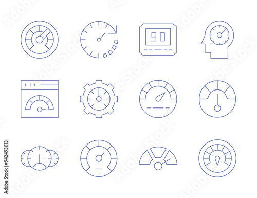 Speedometer icons. Thin Line style, editable stroke. speedometer, fast, internet, power, performance, speed, acceleration