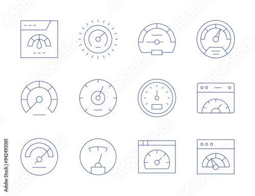 Speedometer icons. Thin Line style, editable stroke. speedometer, odometer, difficulty, speedtest, efficiency