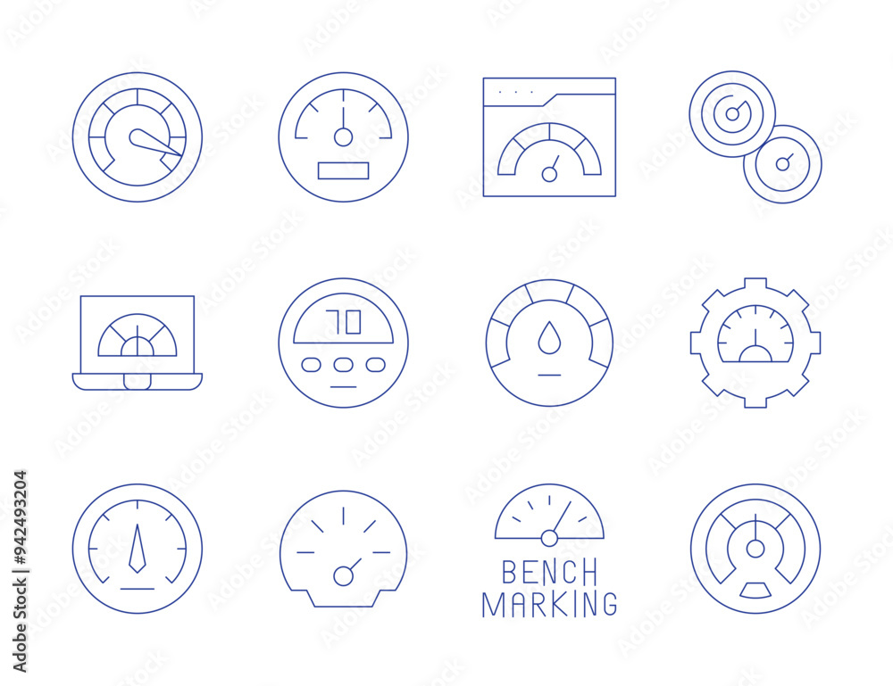 Speedometer icons. Thin Line style, editable stroke. speedometer, website, speed, benchmarking Speedometer icons. Thin Line style, editable stroke. speedometer, website, speed, benchmarking