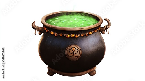 Halloween set clipart, eerie witch s cauldron, bubbling with green potion, isolated on white background photo