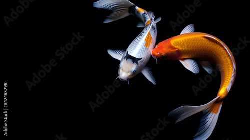 Two Koi Fish Swimming on isolataed Black Background photo