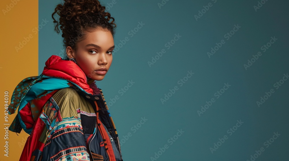 Ultra-clear photograph of a model with a stylish coat against a solid color background