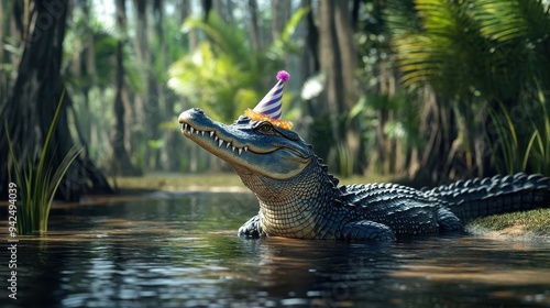 Fototapeta Naklejka Na Ścianę i Meble -  Alligator in Party Hat in Swamp