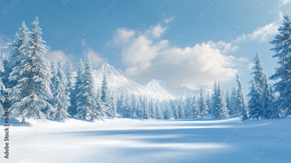 Fototapeta premium Snow Covered Mountain Landscape with Evergreen Trees