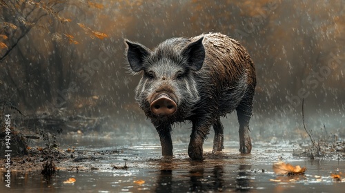 Wild Boar Walking in Rain Water Forest photo