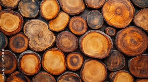 Natural Teak Wood Tree Stump Texture, Featuring a Pile of Round Log Cross-Sections