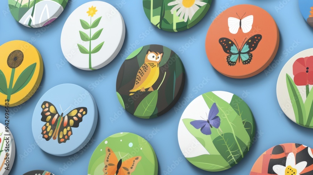 Colorful round badges with nature illustrations. Colorful round badges with nature illustrations.
