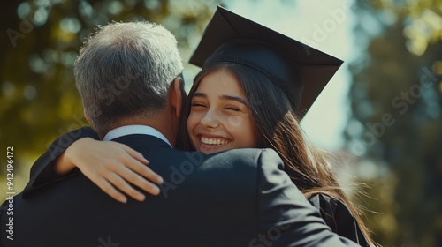 congratulating young graduate hugging her father on graduation day.