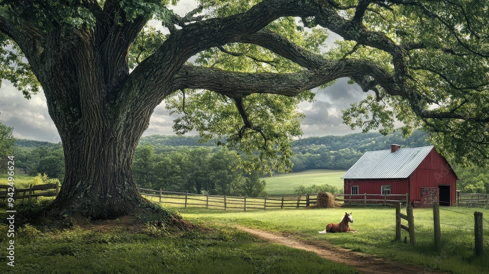 Horse Resting Underneath a Large Tree in a Rural Setting Horse Resting Underneath a Large Tree in a Rural Setting