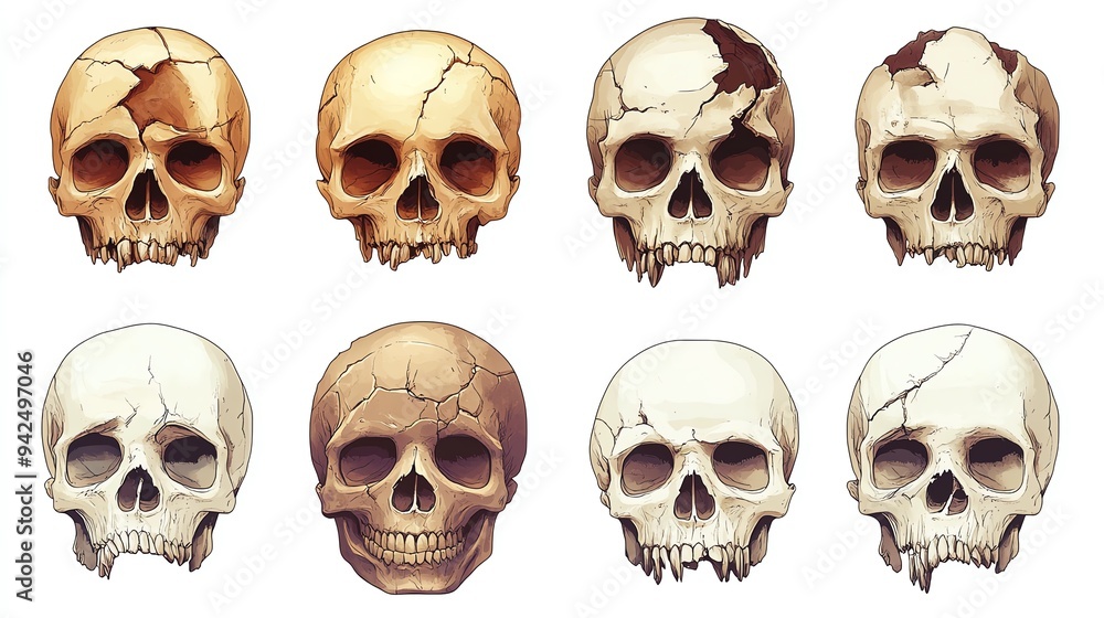 Halloween set clipart, eerie skulls, cracked and decaying, isolated on white background