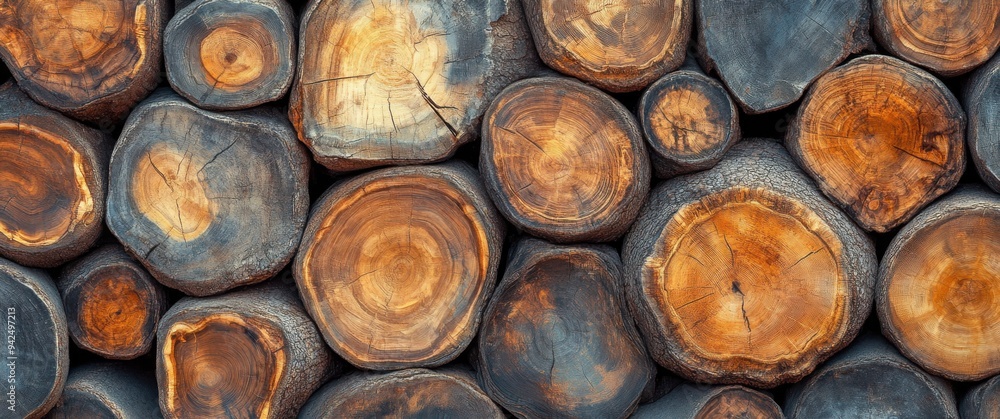 Natural Teak Wood Tree Stump Texture, Featuring a Pile of Round Log Cross-Sections Natural Teak Wood Tree Stump Texture, Featuring a Pile of Round Log Cross-Sections