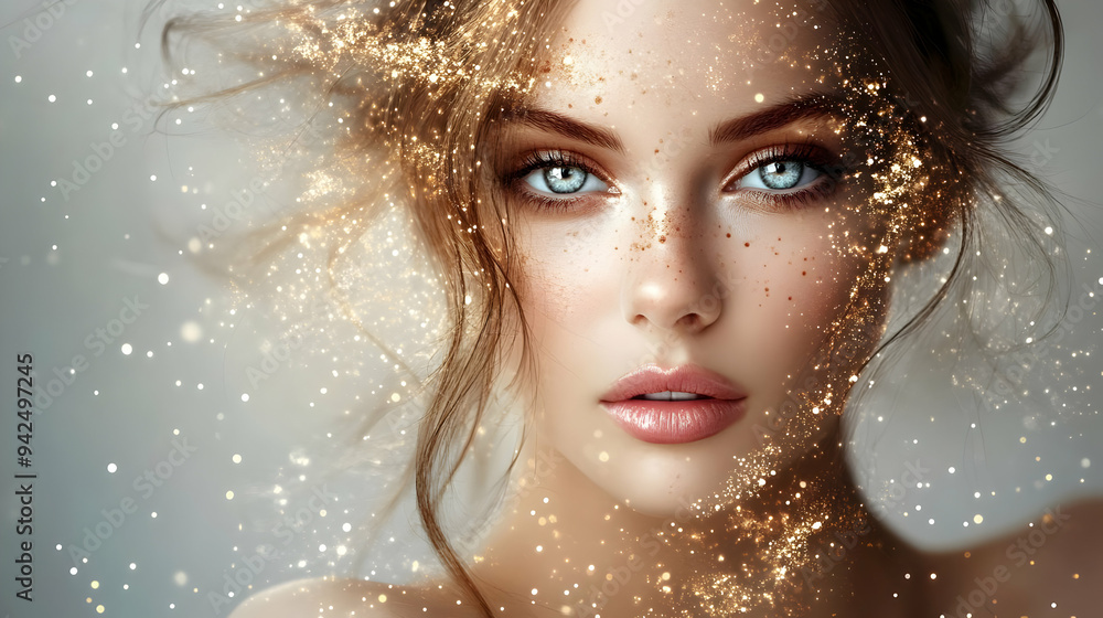 Close-up of a beautiful woman's face with gold glitter and freckles. Close-up of a beautiful woman's face with gold glitter and freckles.