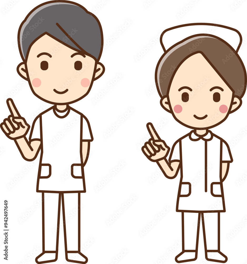 Illustration of male and female healthcare professionals holding up their index fingers. Illustration of male and female healthcare professionals holding up their index fingers.