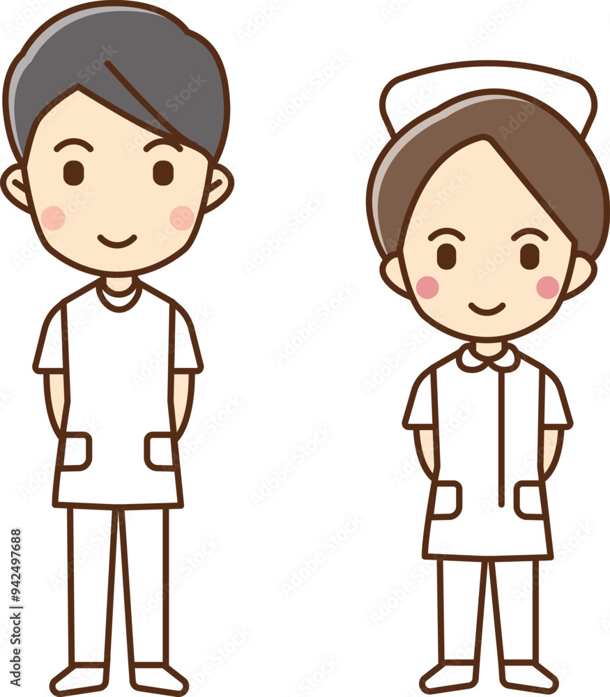 Illustration of a male and female healthcare worker standing with their hands clasped behind their backs. Illustration of a male and female healthcare worker standing with their hands clasped behind their backs.