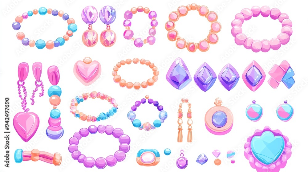 Fototapeta premium Cute accessories set clipart, playful bracelets, beads and charms, isolated on white background
