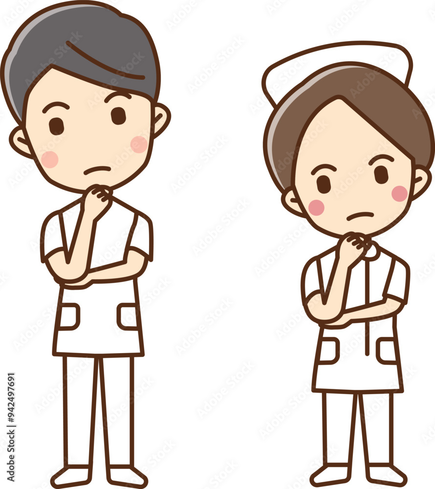 An illustration of a male and female medical worker who puts his hand on his chin and thinks. An illustration of a male and female medical worker who puts his hand on his chin and thinks.