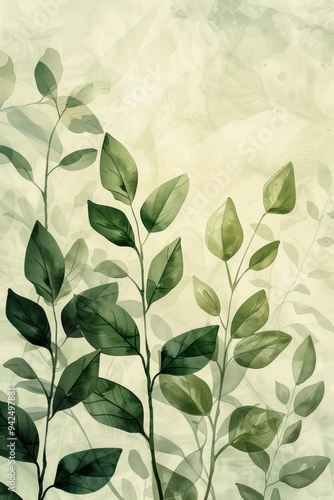 A delicate sage green botanical illustration, painted in watercolor, features graceful plant silhouettes paired with simple geometric shapes, creating an elegant and calming composition.