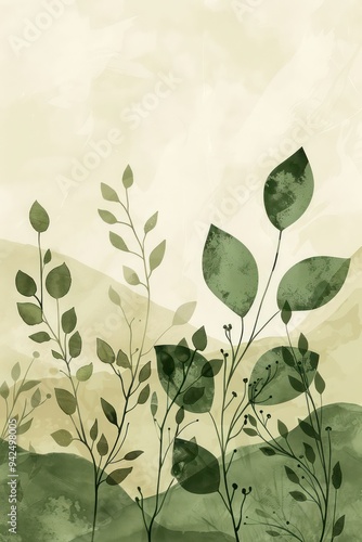 A delicate sage green botanical illustration, painted in watercolor, features graceful plant silhouettes paired with simple geometric shapes, creating an elegant and calming composition.