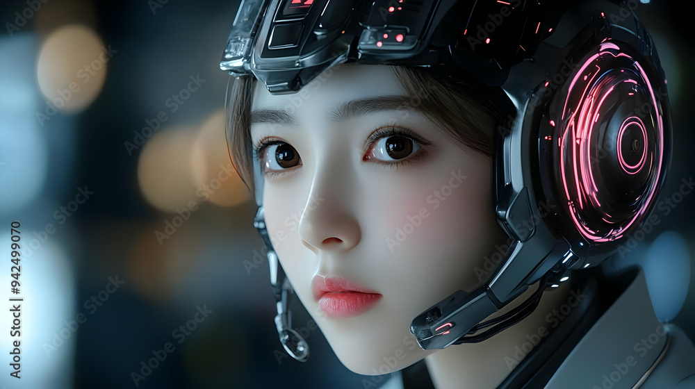 Closeup of a woman wearing a futuristic helmet with glowing pink lights. Closeup of a woman wearing a futuristic helmet with glowing pink lights.