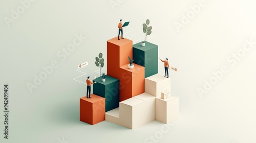 A stylish illustration depicting individuals working together to grow plants and achieve goals on abstract geometric shapes.